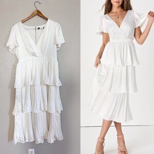 Twirl-wind Romance White Satin Tiered Midi Dress
